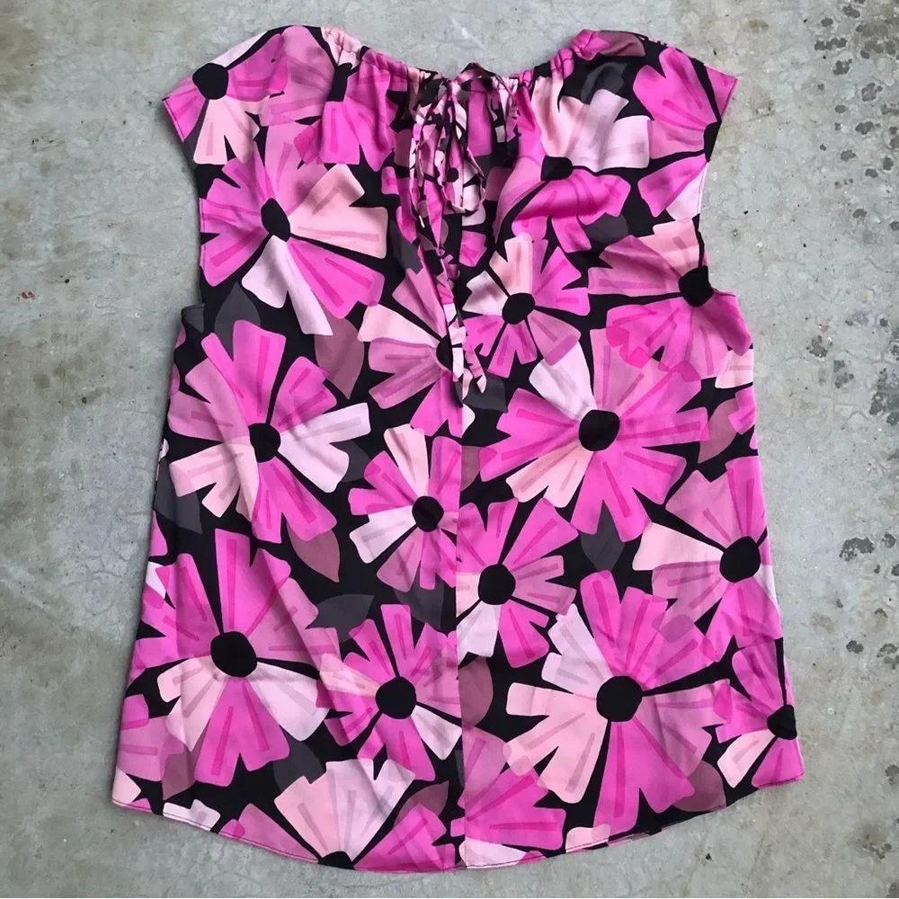 Kate Spade Wallflower Tie Neck Blouse Top Shell Pink Black Floral Printed S
